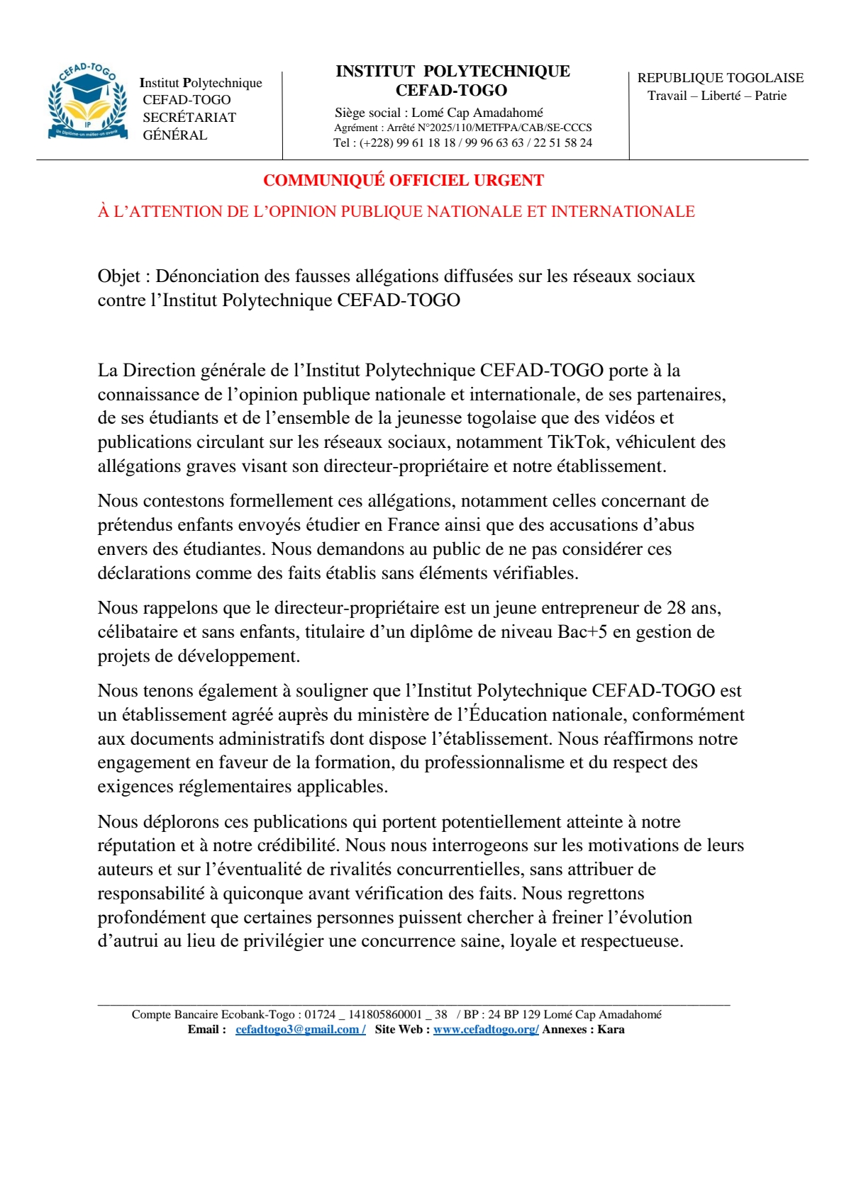 Communiqué Cefad togo 1/2